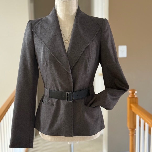 Calvin Klein Blazer In Gray, Belted Single-Breasted Size 2 - Picture 2 of 7